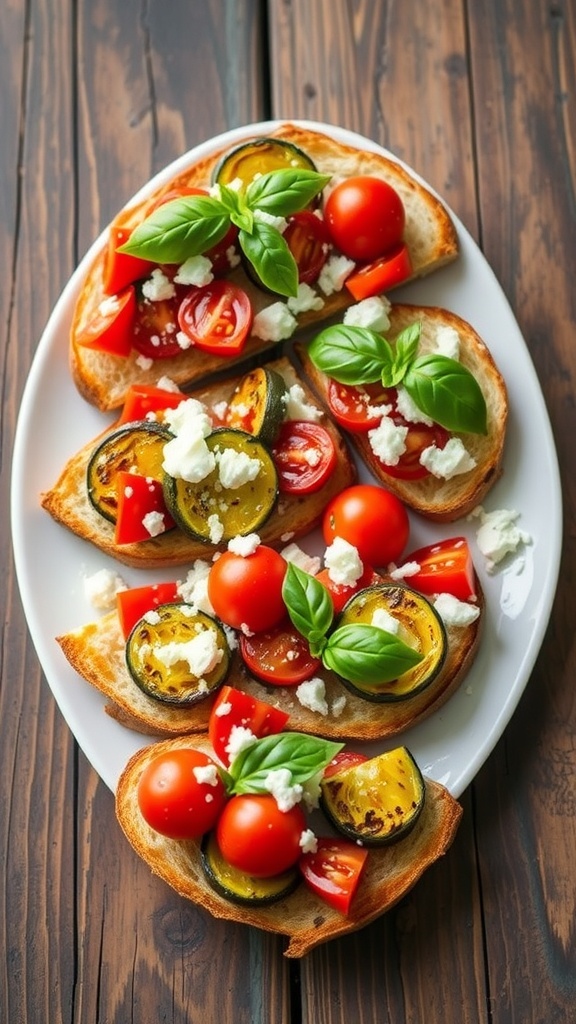 Mediterranean Vegetable Toast Recipe Mediterranean vegetable toast with zucchini, bell peppers, cherry tomatoes, and feta cheese on a rustic wooden table.